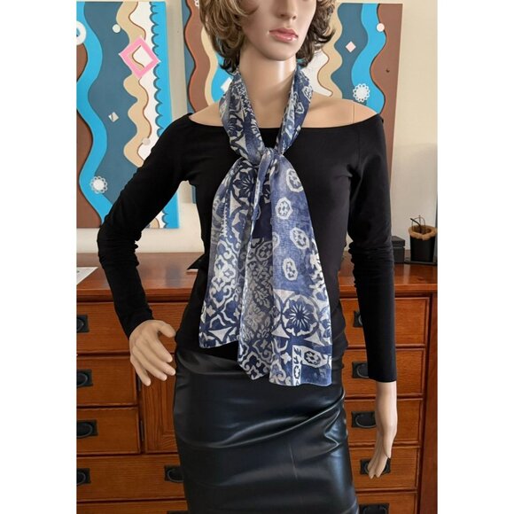 Boho Sheer Indigo Blue Floral Print Scarf Geometric for Women - 53in x 11.5in - Picture 6 of 6